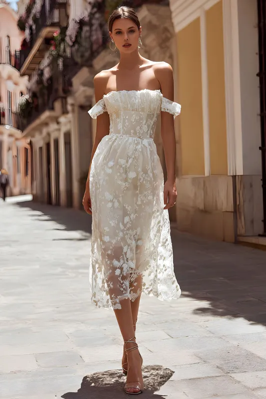 Ivory Floral Off the Shoulder Corset A Line Midi Wedding Dress sold by Zapaka