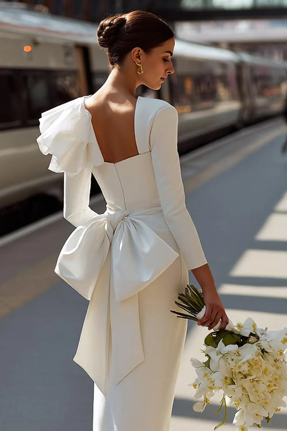 White Sheath Long Sleeve Courthouse Wedding Dress with Bow sold by Zapaka product image thumbnail 3
