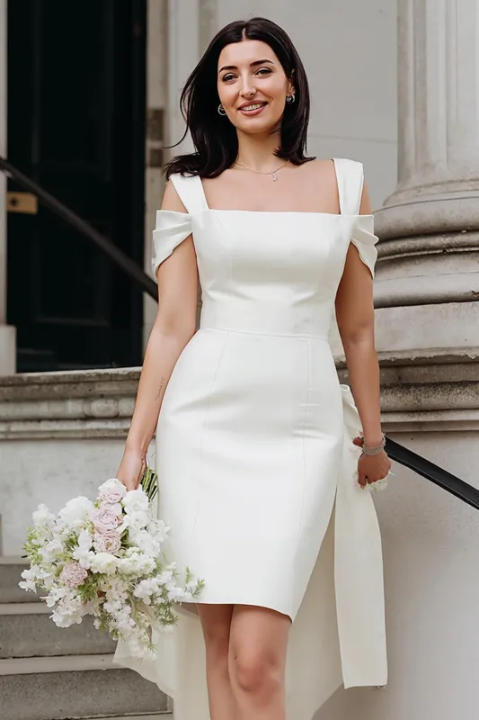 White Cold Shoulder Sheath Mini Wedding Dress with Bow sold by Zapaka