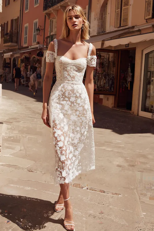White Cold Shoulder A-Line Lace Appliqued Midi Wedding Dress made by Zapaka