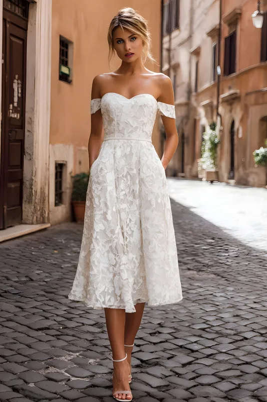 White A-Line Off the Shoulder Lace Midi Wedding Dress with Appliques sold by Zapaka