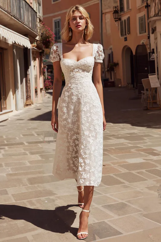 Ivory A Line Lace Short Sleeve Wedding Dress sold by Zapaka