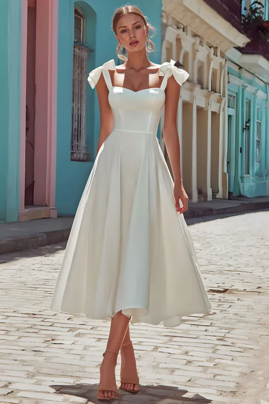 White Spaghetti Straps A-Line Midi Wedding Dress with Bow sold by Zapaka