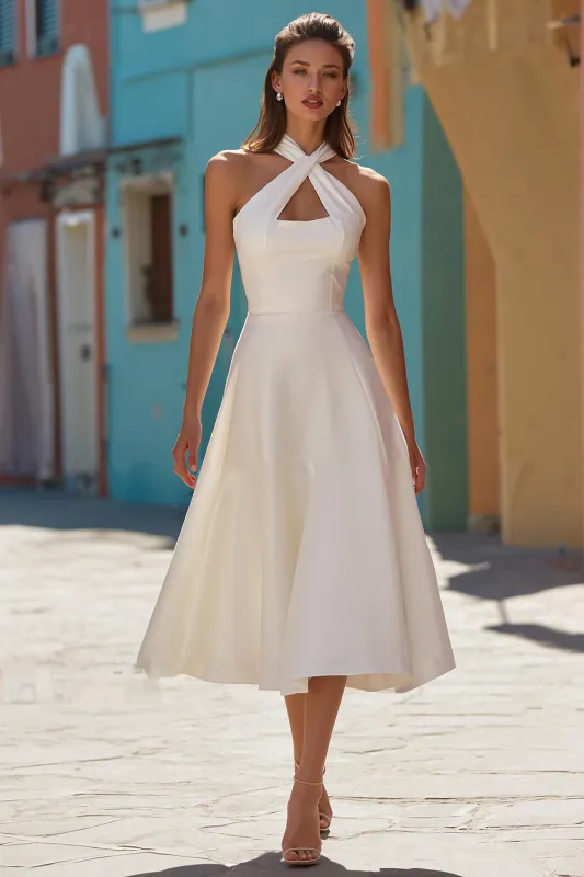 White Midi Halter A-Line Hollow Out Wedding Dress sold by Zapaka