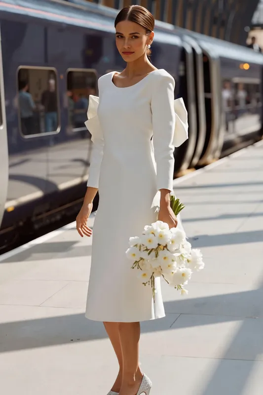 White Bodycon Round Neck Long Sleeve Midi Wedding Dress with Bow sold by Zapaka