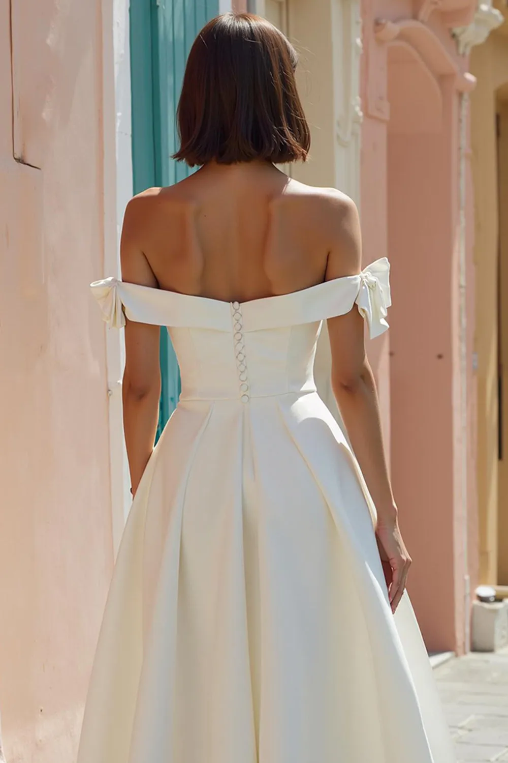 Off The Shoulder White A Line Midi Wedding Dress sold by Zapaka product image thumbnail 4