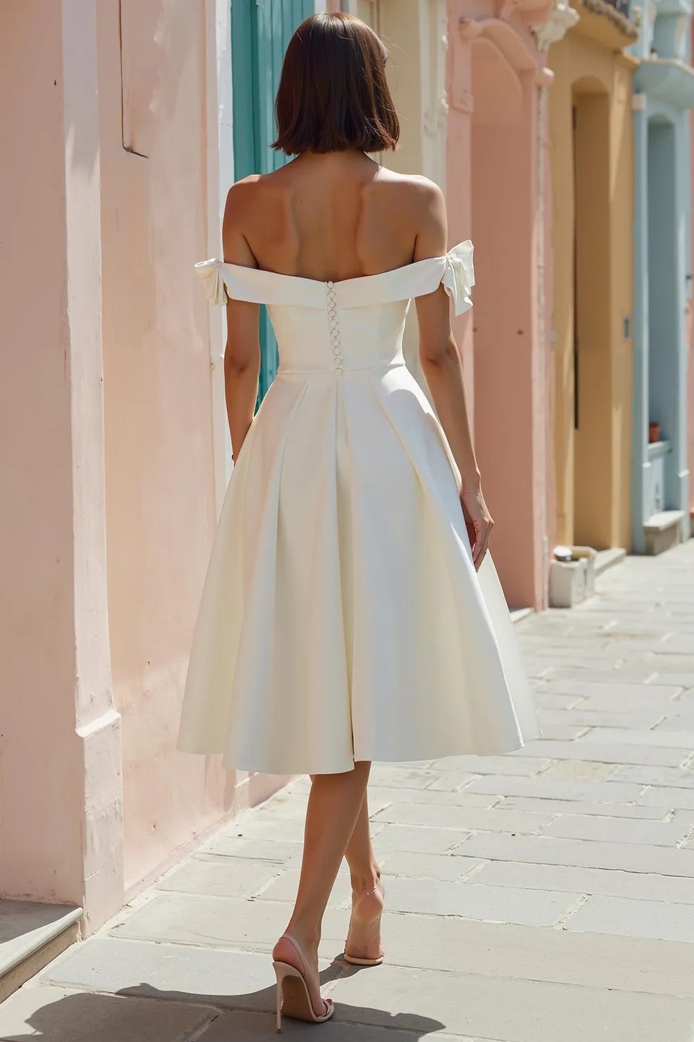 Off The Shoulder White A Line Midi Wedding Dress sold by Zapaka product image thumbnail 2