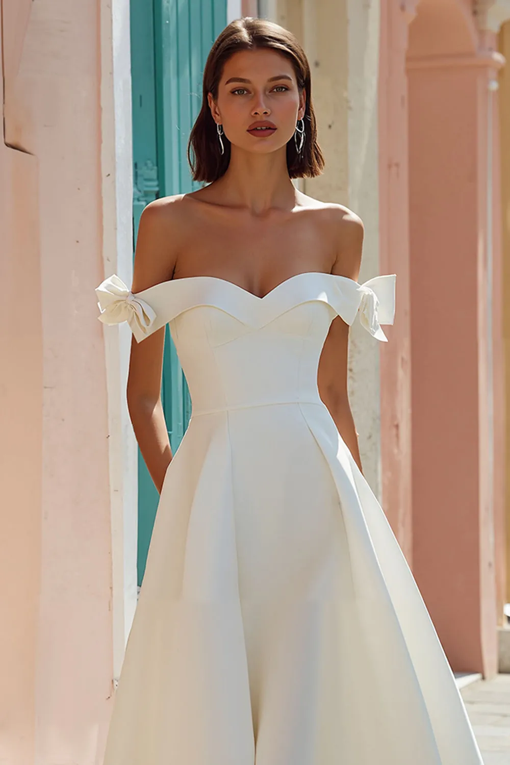 Off The Shoulder White A Line Midi Wedding Dress sold by Zapaka product image thumbnail 3