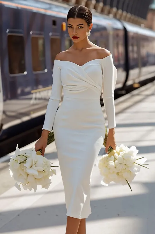 White Satin Bodycon Off the Shoulder Midi Wedding Dress with Bow sold by Zapaka