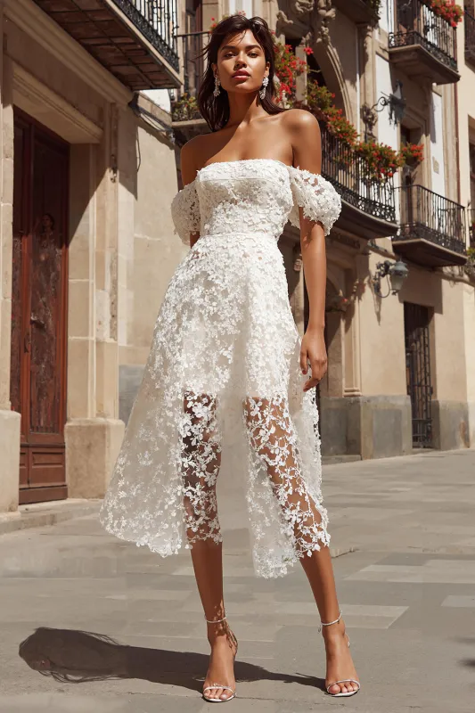 Lace Off the Shoulder Ivory A Line Midi Wedding Dress sold by Zapaka