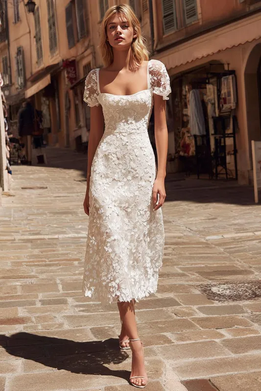 Ivory Lace A Line Midi Wedding Dress with Cap Sleeves sold by Zapaka
