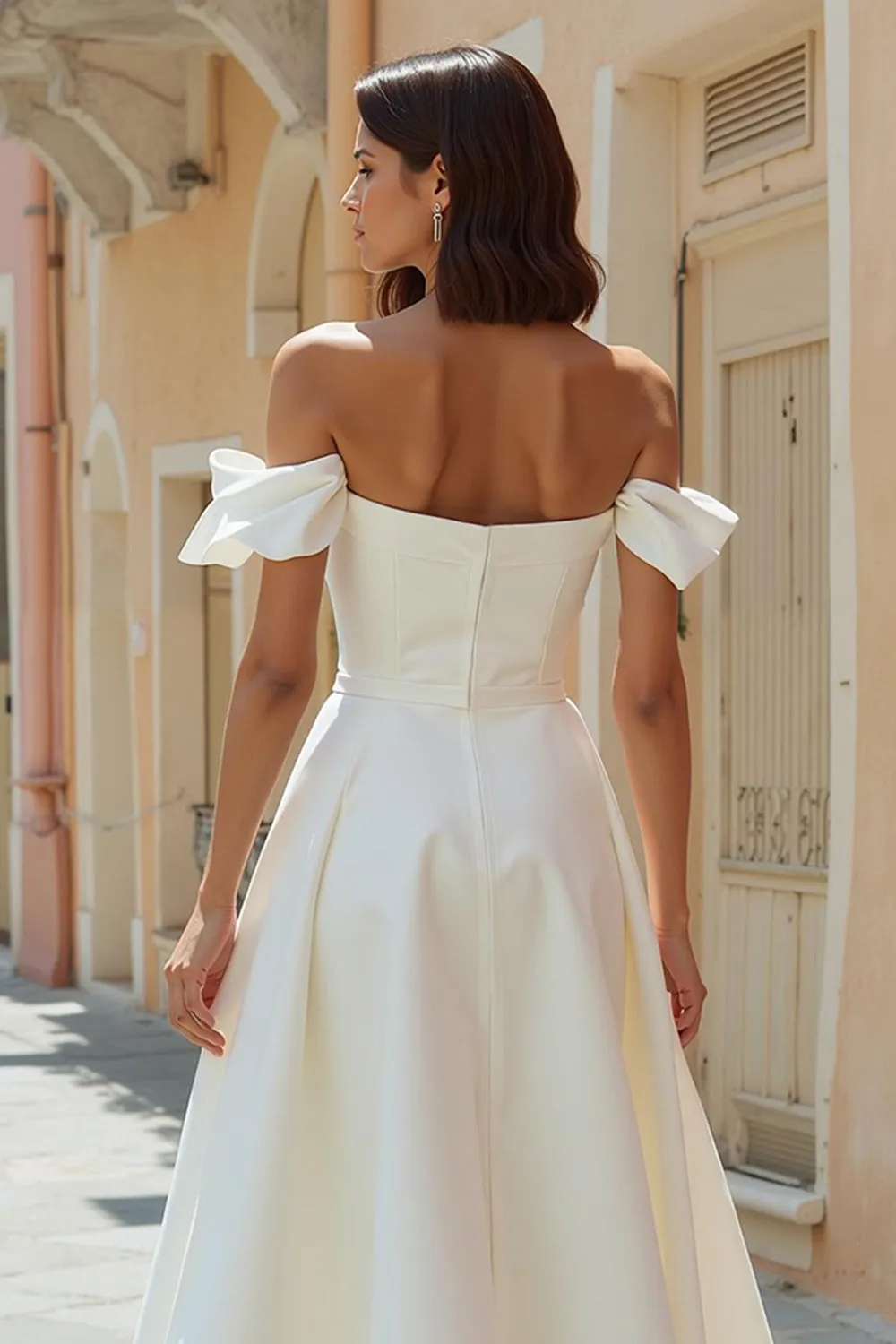 Off the Shoulder White A Line Satin Midi Wedding Dress sold by Zapaka product image thumbnail 4