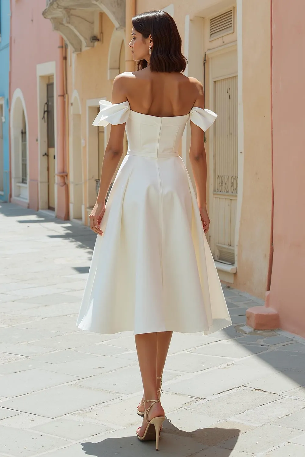 Off the Shoulder White A Line Satin Midi Wedding Dress sold by Zapaka product image thumbnail 2