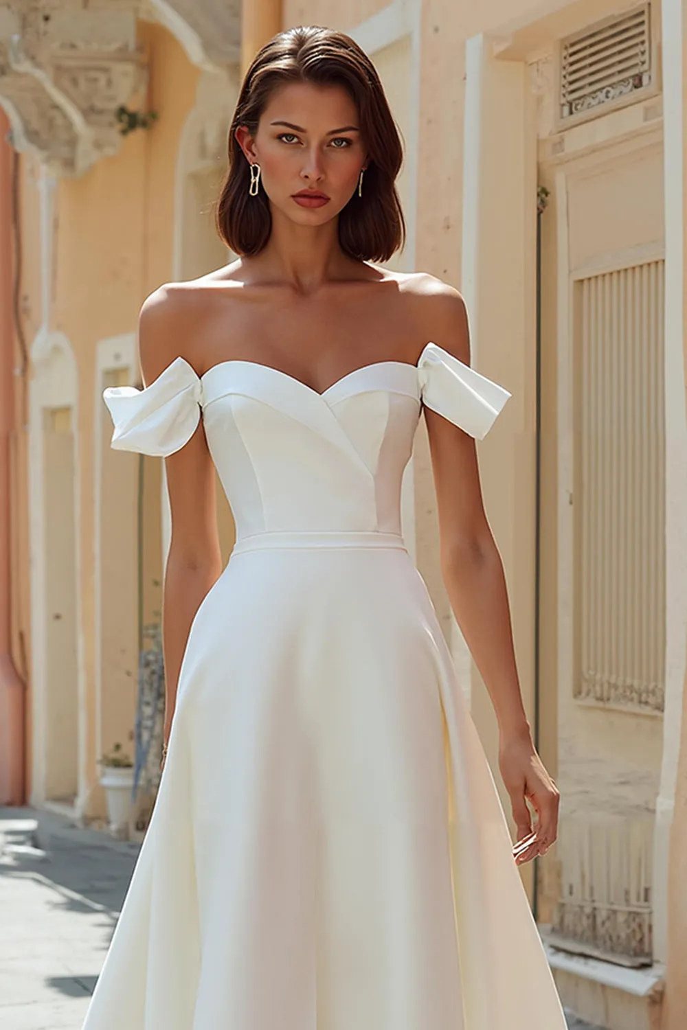 Off the Shoulder White A Line Satin Midi Wedding Dress sold by Zapaka product image thumbnail 3