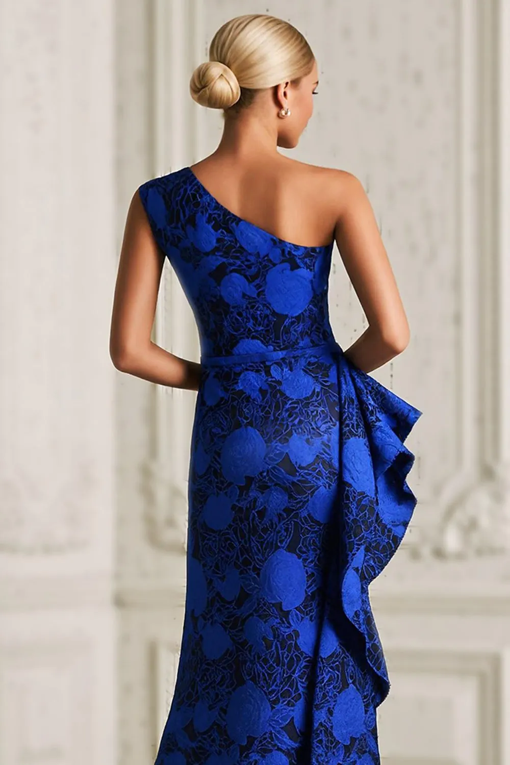 One Shoulder Mermaid Royal Blue Printed Mother of the Bride Dress with Slit sold by Zapaka product image thumbnail 4