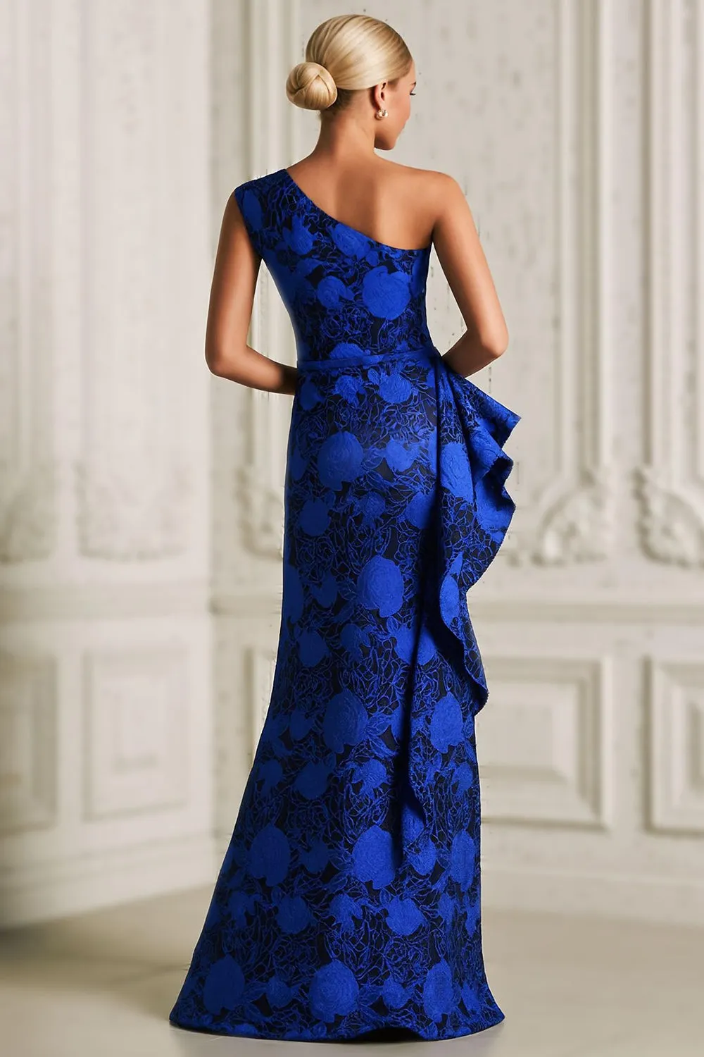 One Shoulder Mermaid Royal Blue Printed Mother of the Bride Dress with Slit sold by Zapaka product image thumbnail 2