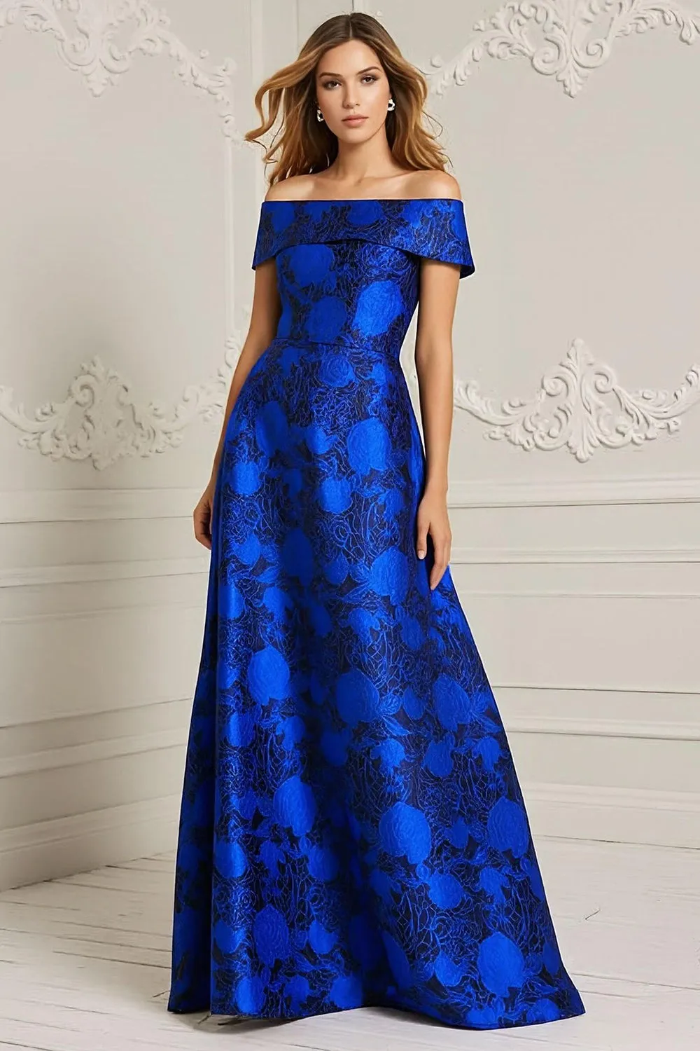 Royal Blue Off the Shoulder Printed A Line Mother of the Bride Dress sold by Zapaka