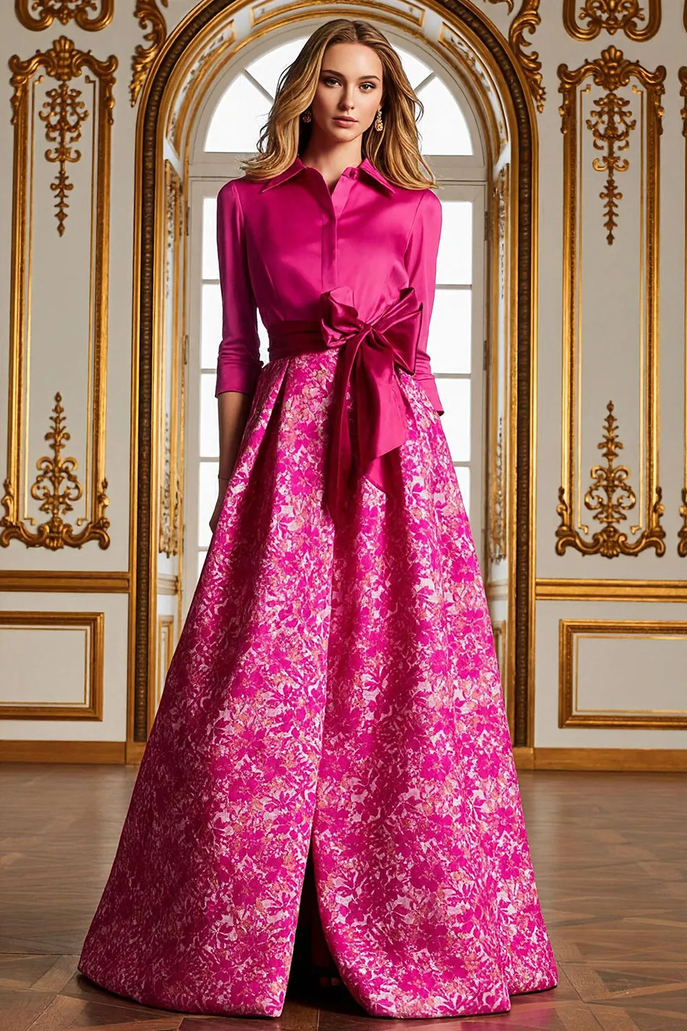 Fuchsia A Line Satin Floral Long Mother of the Bride Dress with Sleeves sold by Zapaka
