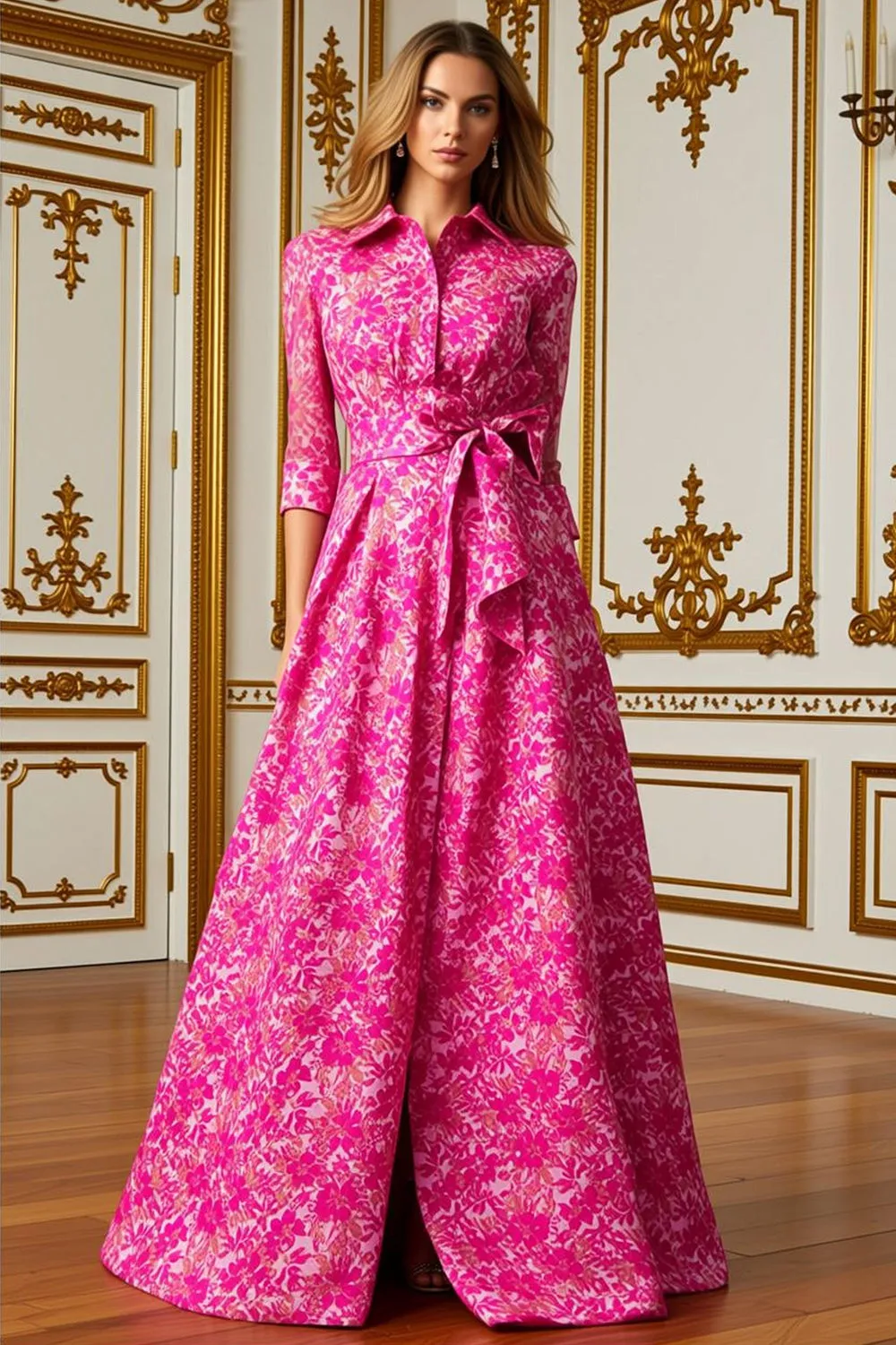 Fuchsia Flower A Line Shirt Collar Long Mother of the Bride Dress with Waist Tie sold by Zapaka