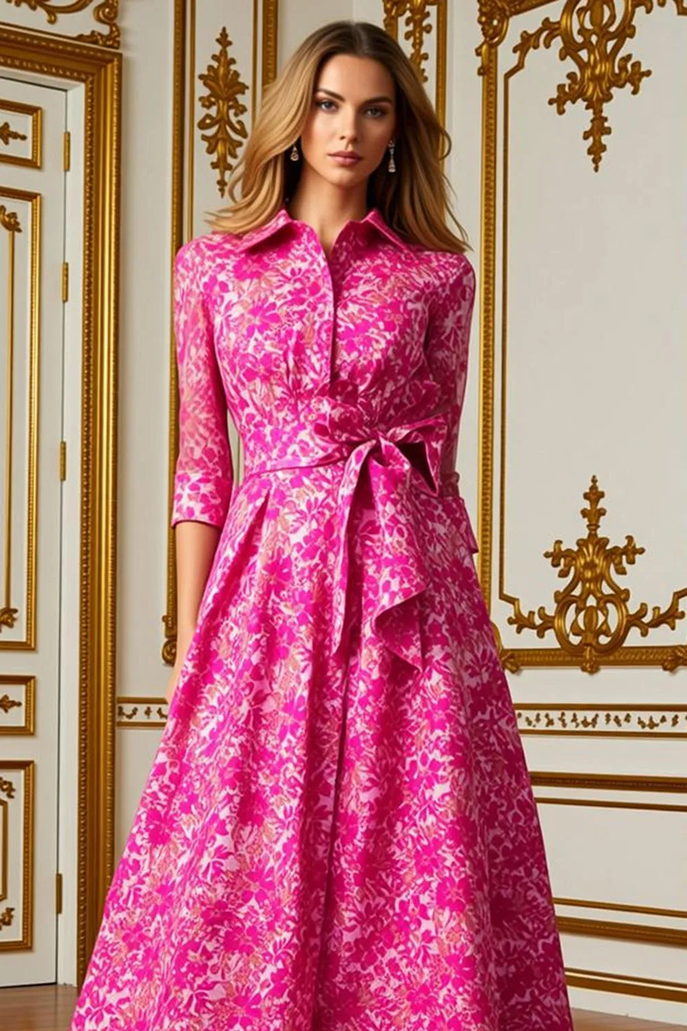Fuchsia Flower A Line Shirt Collar Long Mother of the Bride Dress with Waist Tie sold by Zapaka product image thumbnail 2