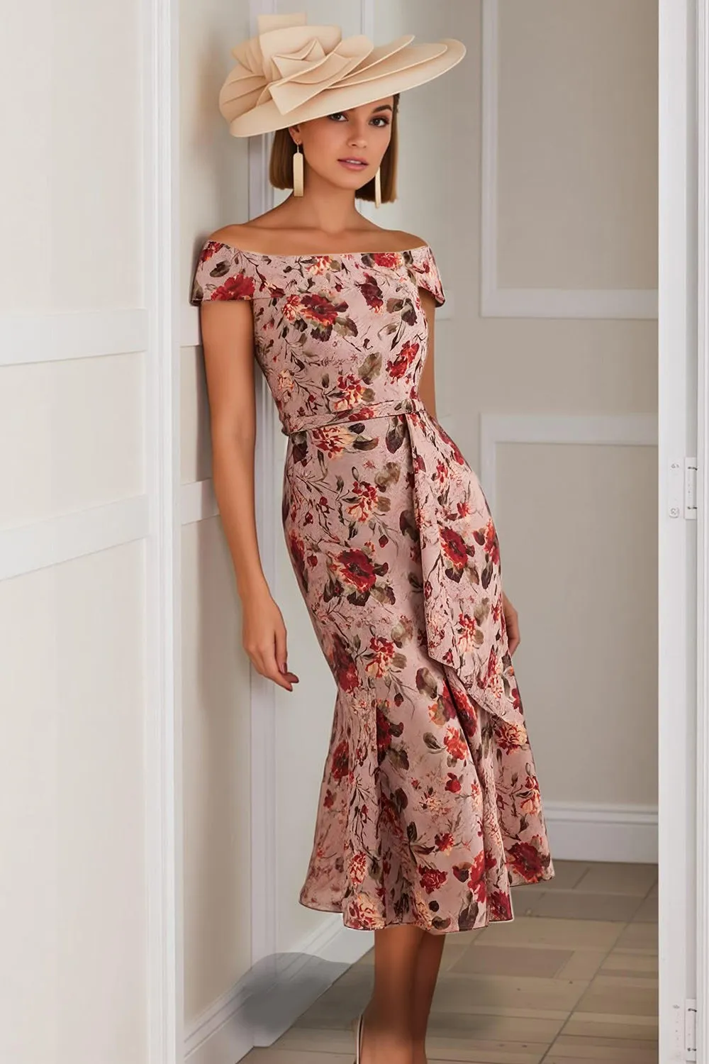 Dusty Rose Floral Off the Shoulder Mermaid Midi Mother of the Bride Dress sold by Zapaka