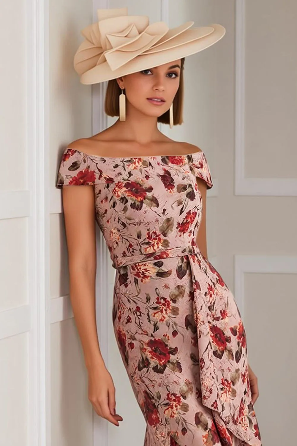Dusty Rose Floral Off the Shoulder Mermaid Midi Mother of the Bride Dress sold by Zapaka product image thumbnail 2