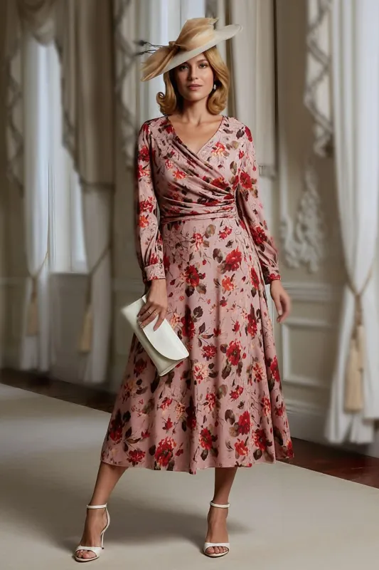Dusty Rose Floral A Line V Neck Printed Midi Mother of the Bride Dress with Long Sleeves sold by Zapaka