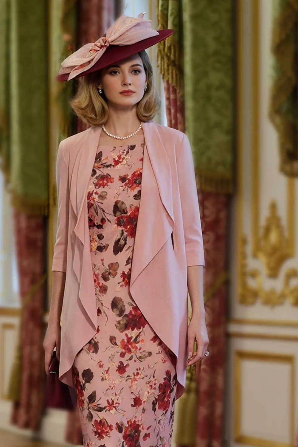 Dusty Rose Flower Printed Sheath 2-Piece Midi Mother of the Bride Dress with Jacket sold by Zapaka product image thumbnail 3