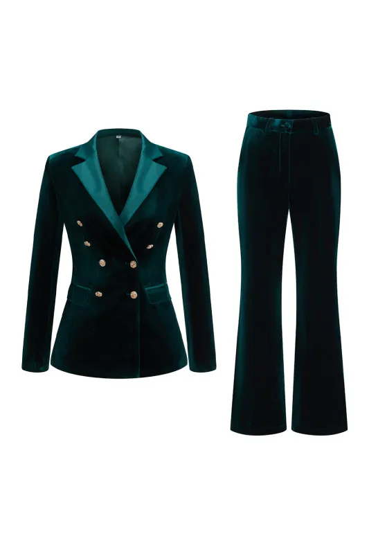Dark Green Peak Lapel 2-Piece Velvet Double Breasted Women Prom Suits made by Zapaka