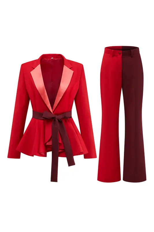 2-Piece Red Patchwork Notched Lapel Women Prom Suits with Belt sold by Zapaka