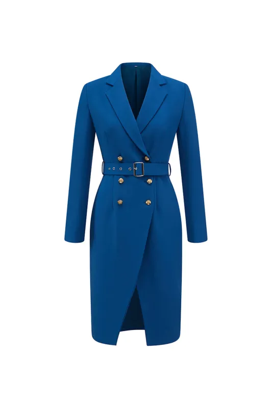 Ink Blue Notched Lapel Double Breasted Blazer Dress with Belt sold by Zapaka