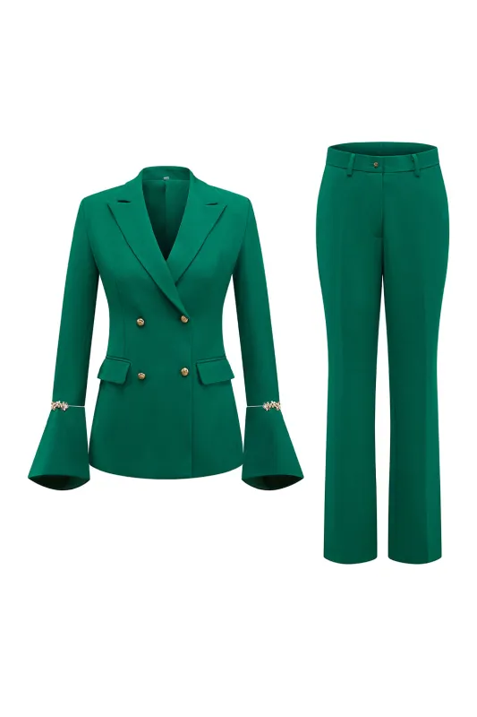 2-Piece Dark Green Double Breasted Peak Lapel Prom Suits with Flare Sleeves sold by Zapaka