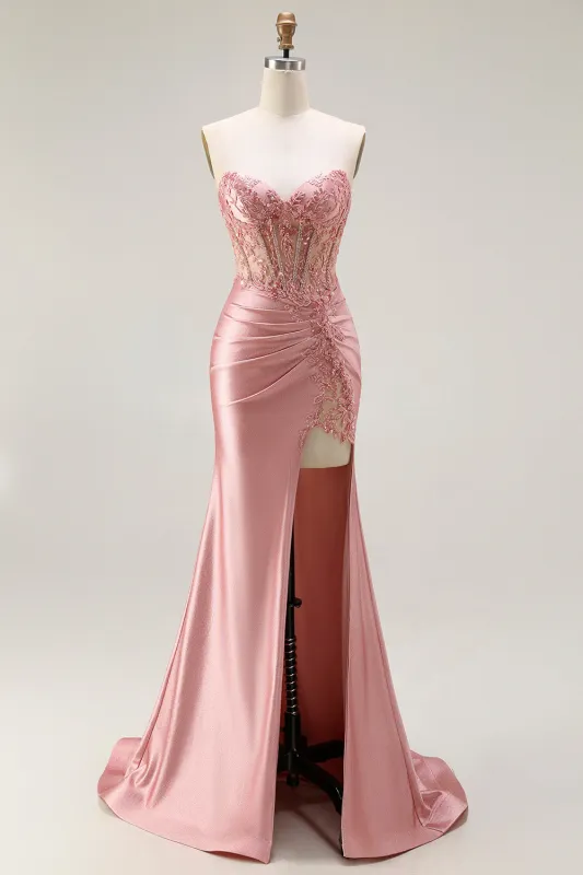 Sweetheart Blush Appliqued Corset Mermaid Beaded Long Prom Dress with Slit sold by Zapaka
