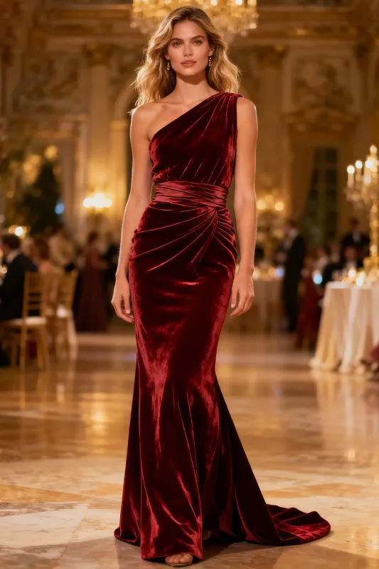 Burgundy Mermaid Velvet One Shoulder Ruched Long Formal Dress sold by Zapaka