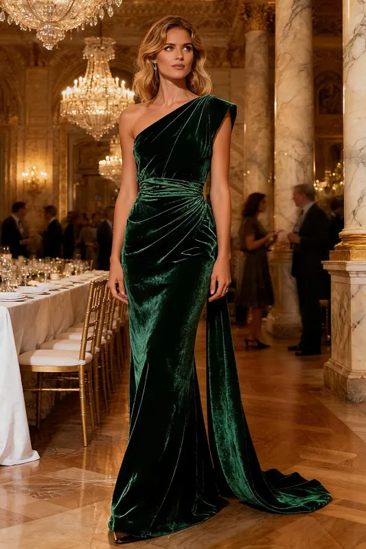 Dark Green Sheath One Shoulder Velvet Long Formal Dress with Side Cape sold by Zapaka