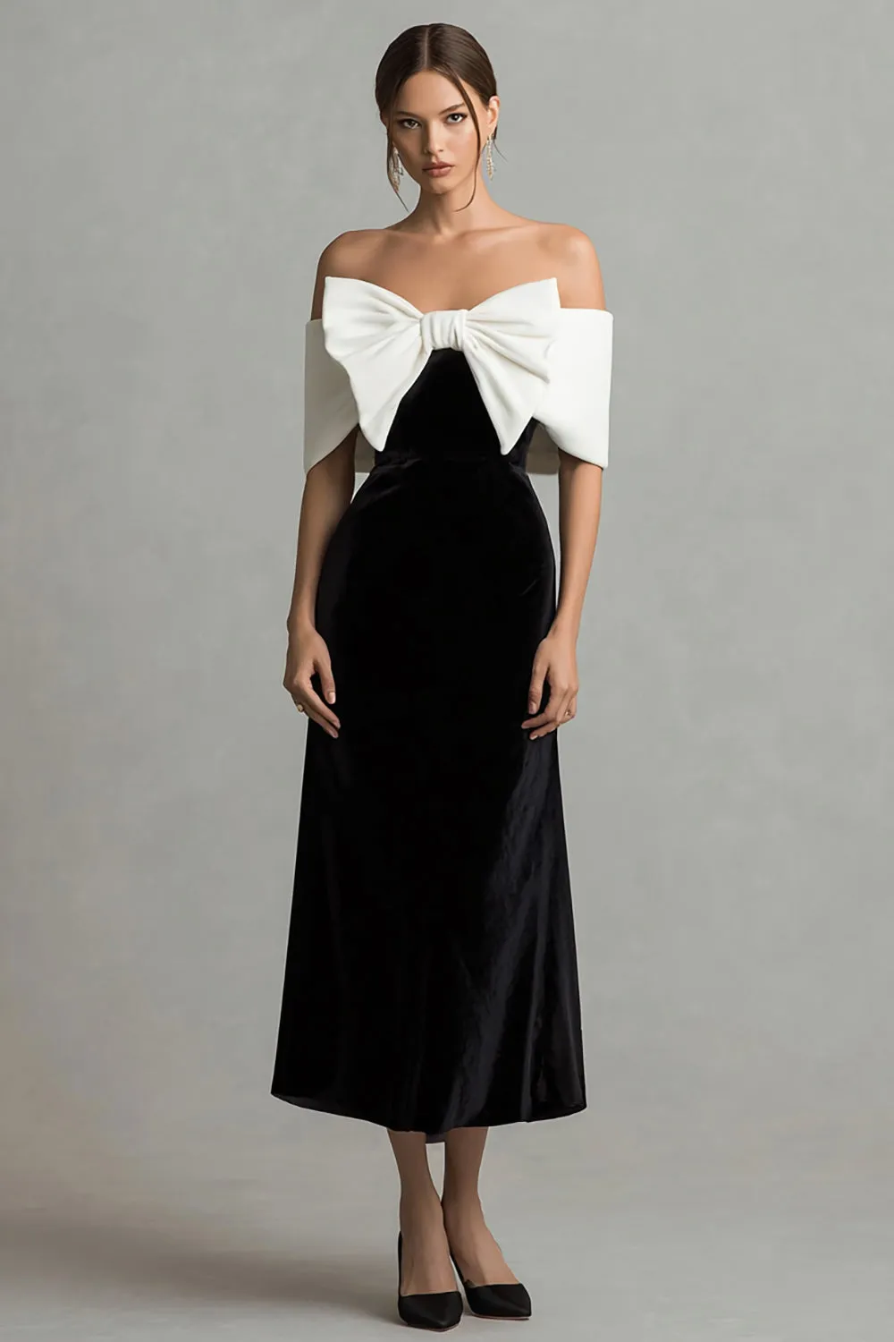 Black and White A Line Holiday Party Dress with Bow sold by Zapaka