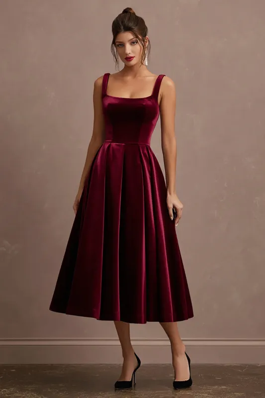 Burgundy A Line Thick Straps Velvet Holiday Party Dress sold by Zapaka
