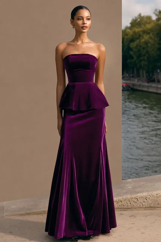Plum Strapless Long Velvet Holiday Party Dress sold by Zapaka