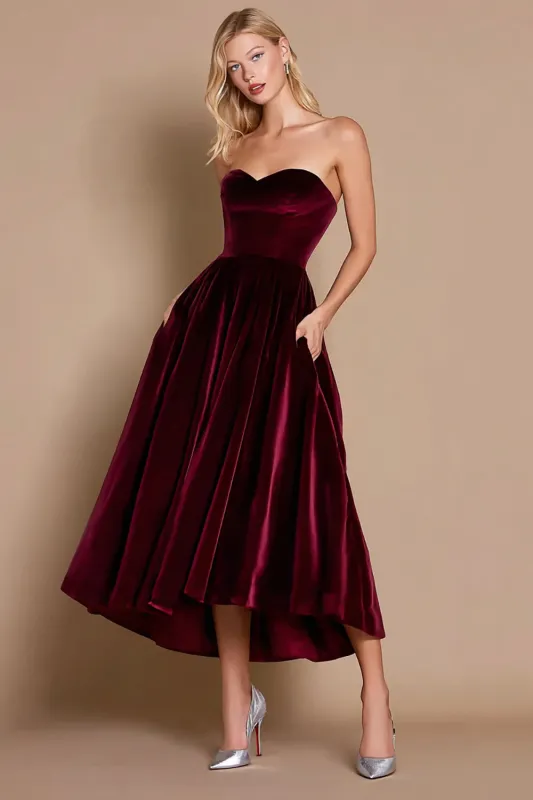 Burgundy A Line Sweetheart Holiday Party Dress with Pockets sold by Zapaka