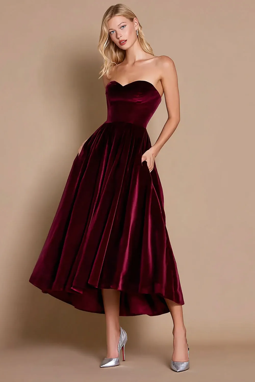 Burgundy A Line Sweetheart Holiday Party Dress with Pockets sold by Zapaka