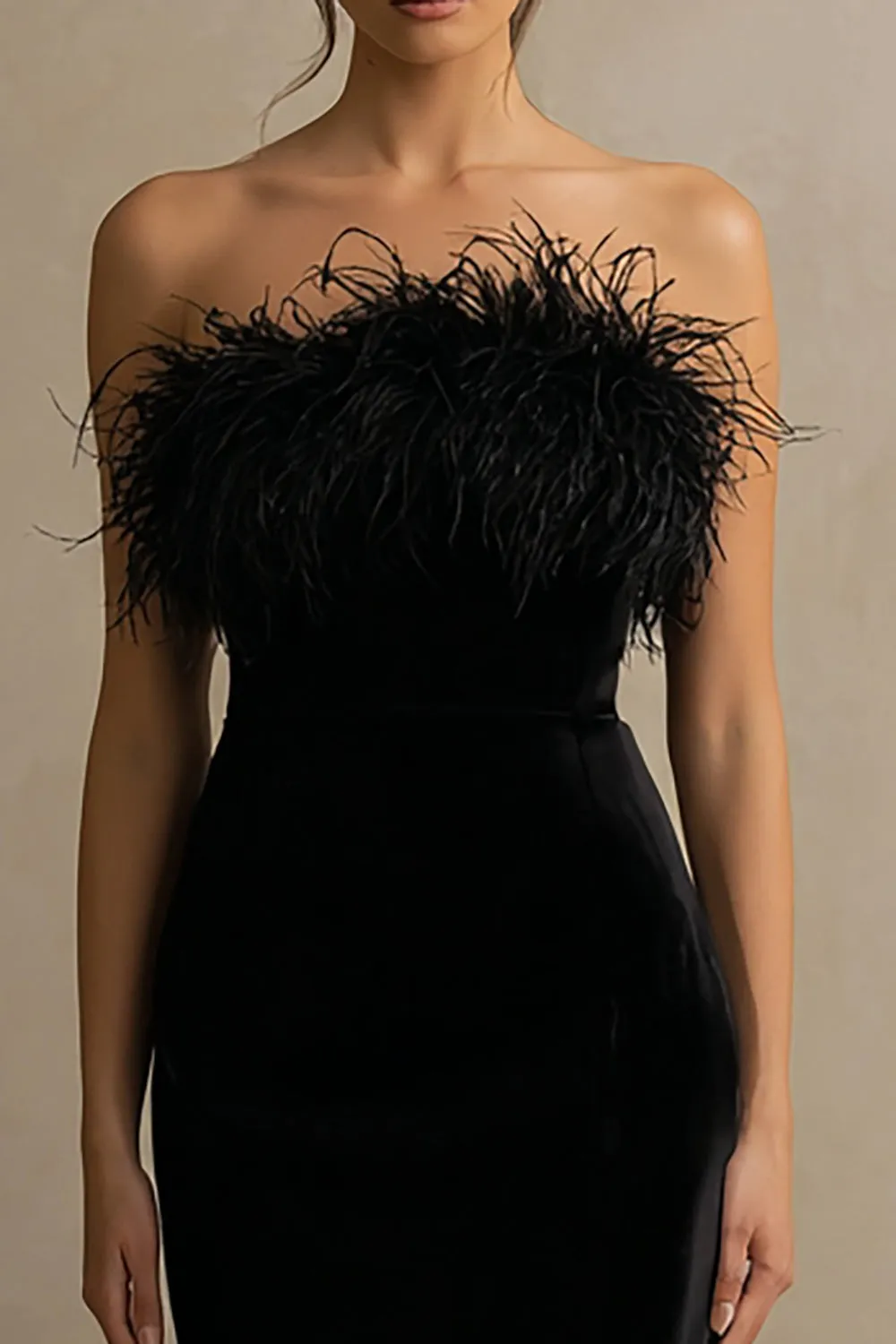 Black Velvet Strapless Long Holiday Party Dress with Feather sold by Zapaka product image thumbnail 2