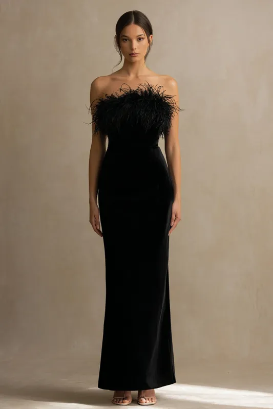 Black Velvet Strapless Long Holiday Party Dress with Feather sold by Zapaka
