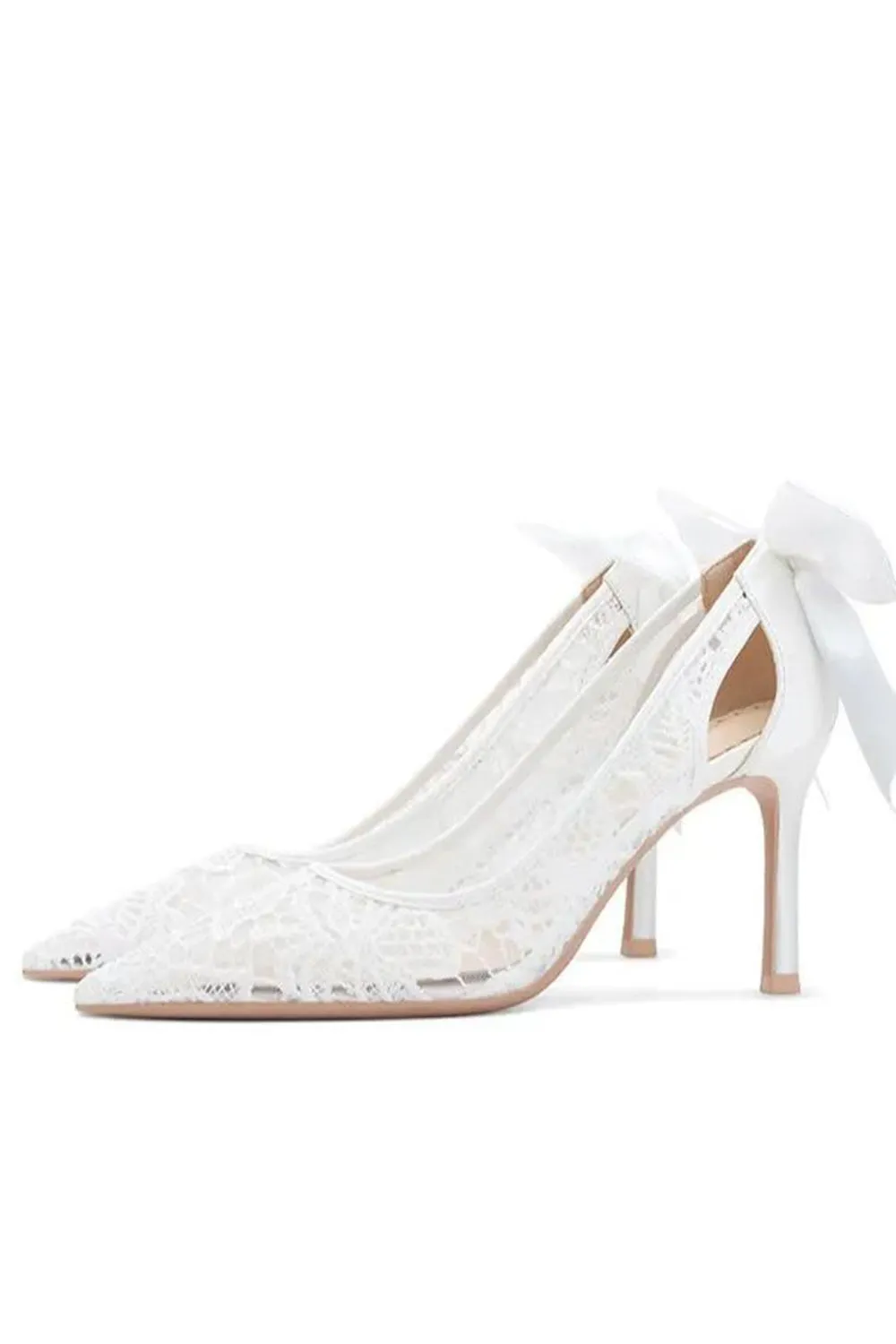 Elegant Ivory Lace Pointed-Toe Wedding Stiletto Heels Wedding Shoes with Bow sold by Zapaka