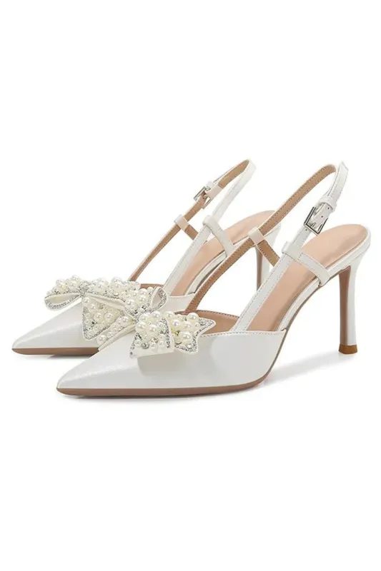 Ivory Pointed Rhinestone Patent High Heels with Bow sold by Zapaka