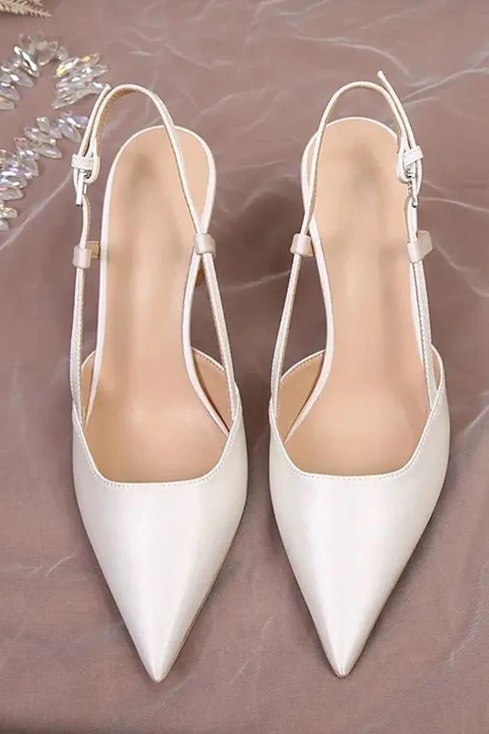 Ivory Pointed Rhinestone Patent High Heels with Bow sold by Zapaka product image thumbnail 3