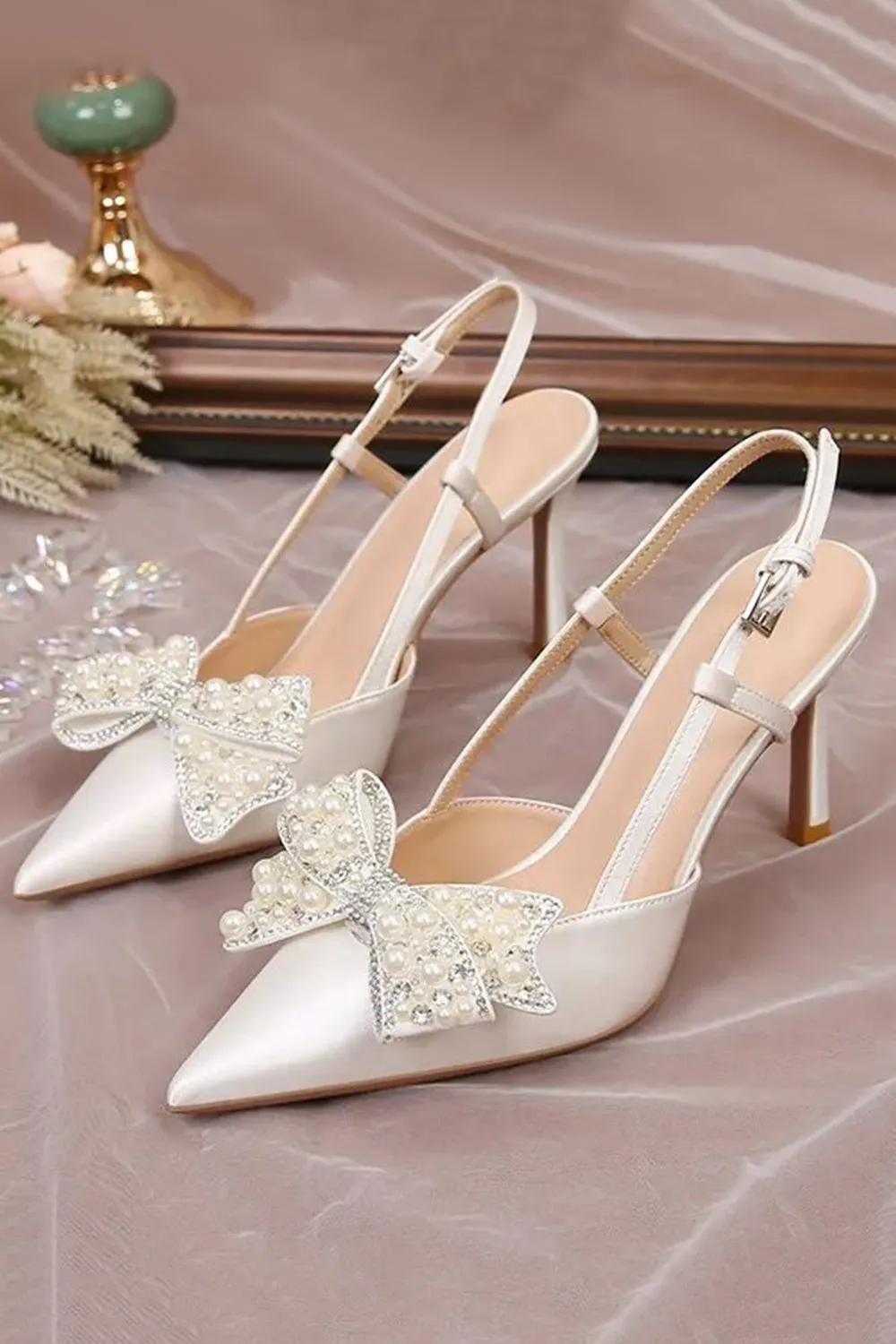 Ivory Pointed Rhinestone Patent High Heels with Bow sold by Zapaka product image thumbnail 4