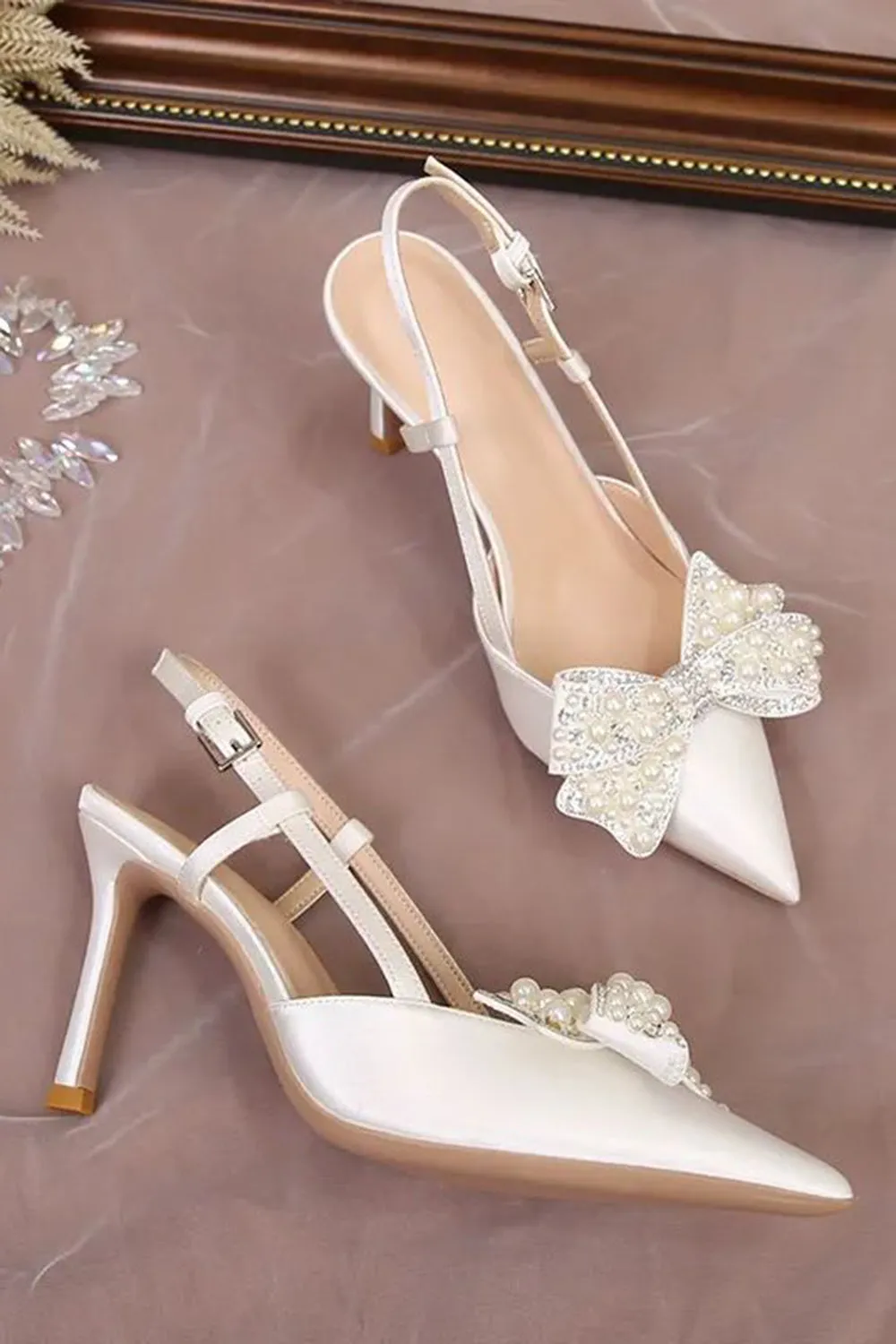 Ivory Pointed Rhinestone Patent High Heels with Bow sold by Zapaka product image thumbnail 5
