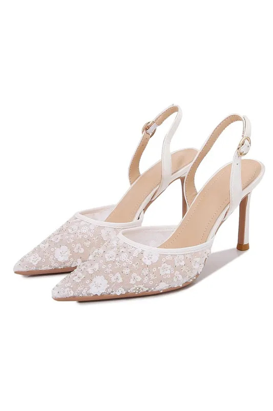 Elegant White Pointed Slingback Stiletto Heels Wedding Shoes with Floral Appliques sold by Zapaka