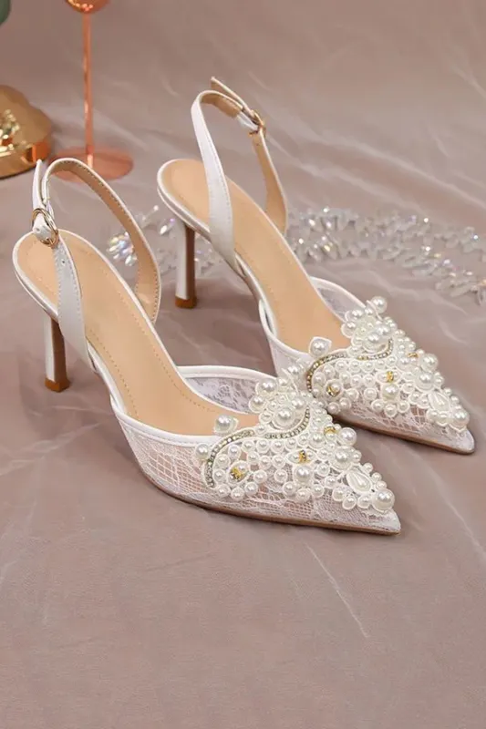 Lace Ivory Beaded Pointed Stiletto High Heels Wedding Shoes with Pearls sold by Zapaka