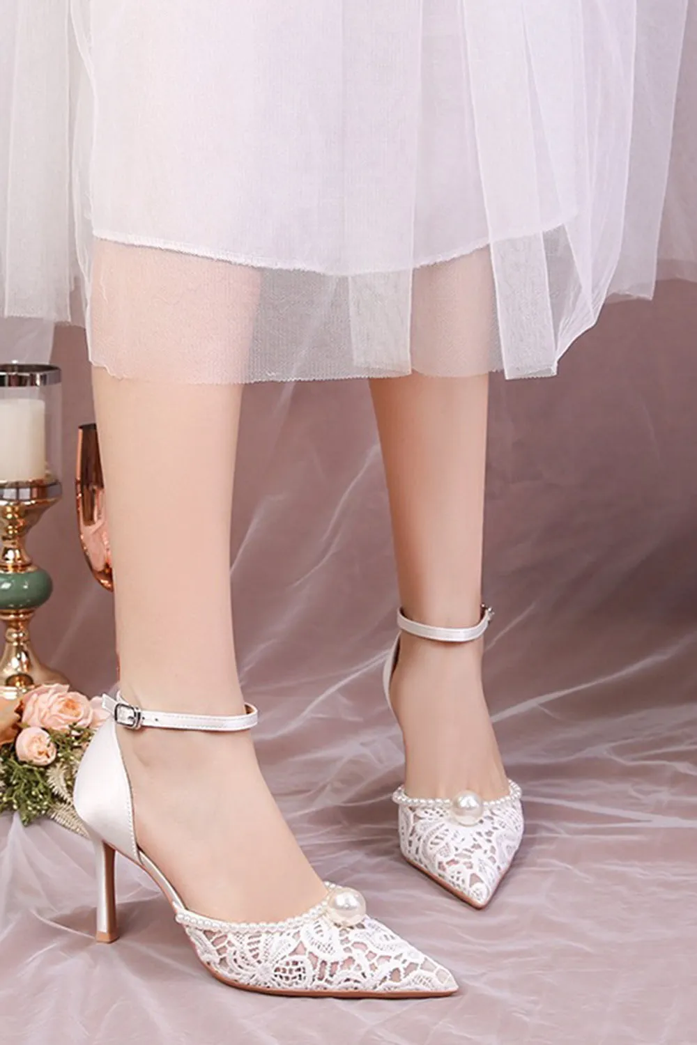 Ivory Lace Pointed Pearls Stilettos High Heels Wedding Shoes with Ankle Strap sold by Zapaka product image thumbnail 4